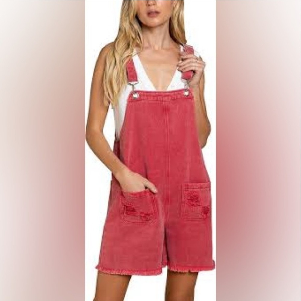 POL All American Red‎ Denim Shortalls Medium Raw Hem